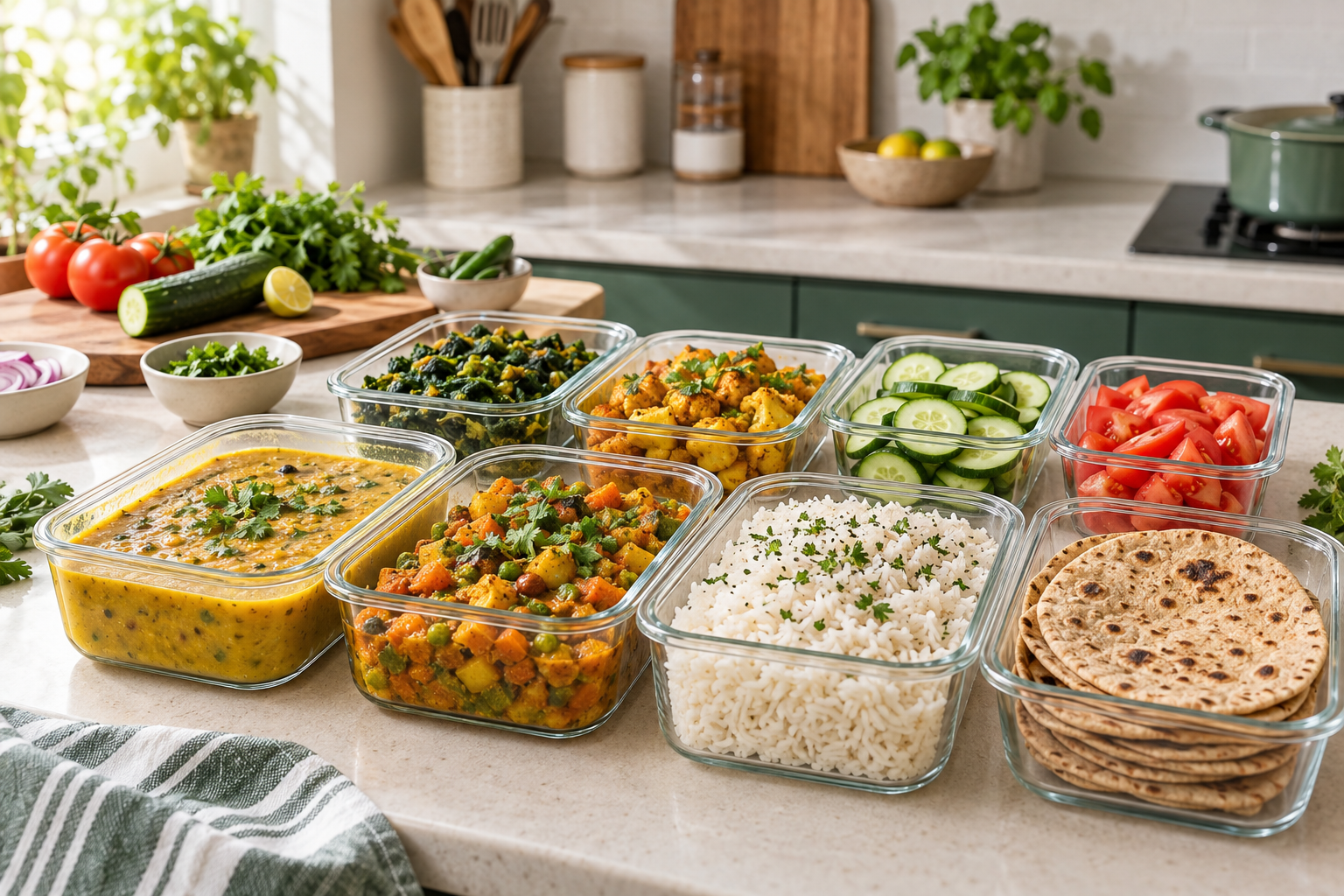 Colourful Indian meals prepared in containers with fresh vegetables