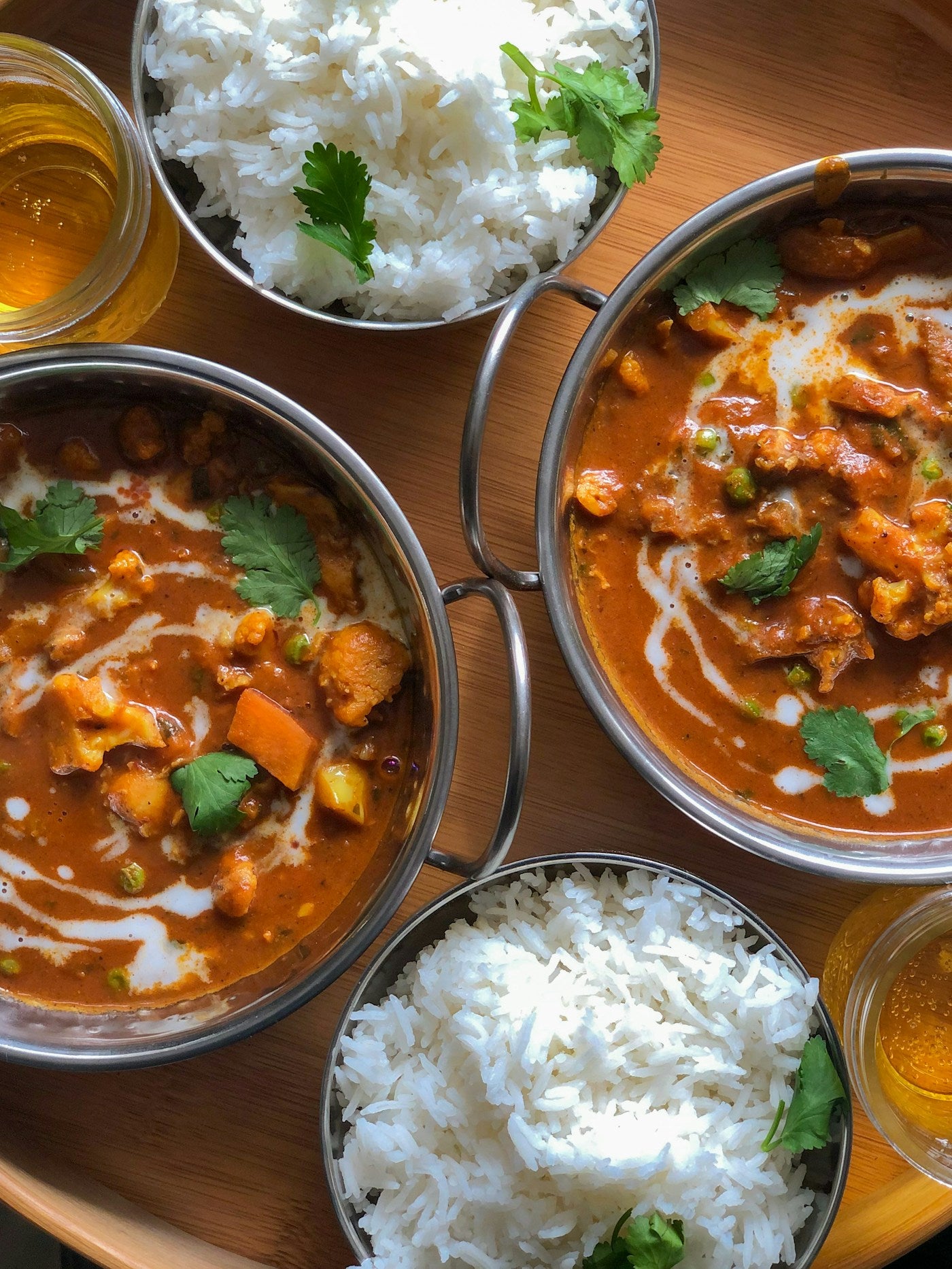 Colourful Indian meal with curry and rice