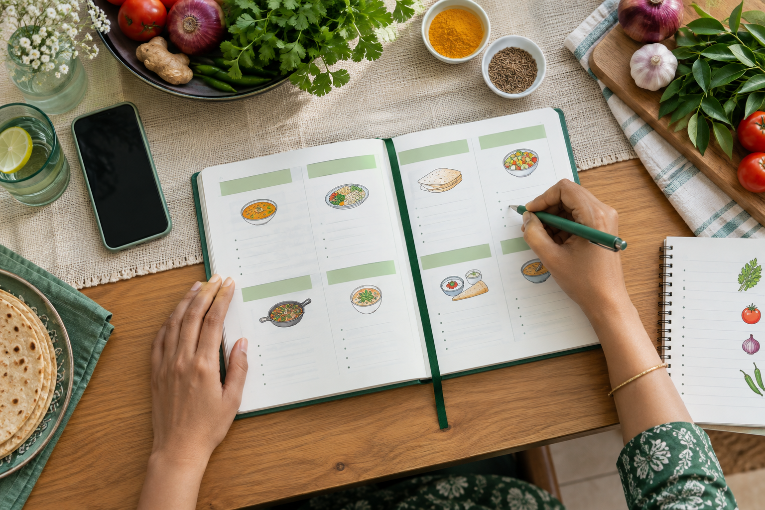Hands planning a week of familiar Indian meals at a kitchen table